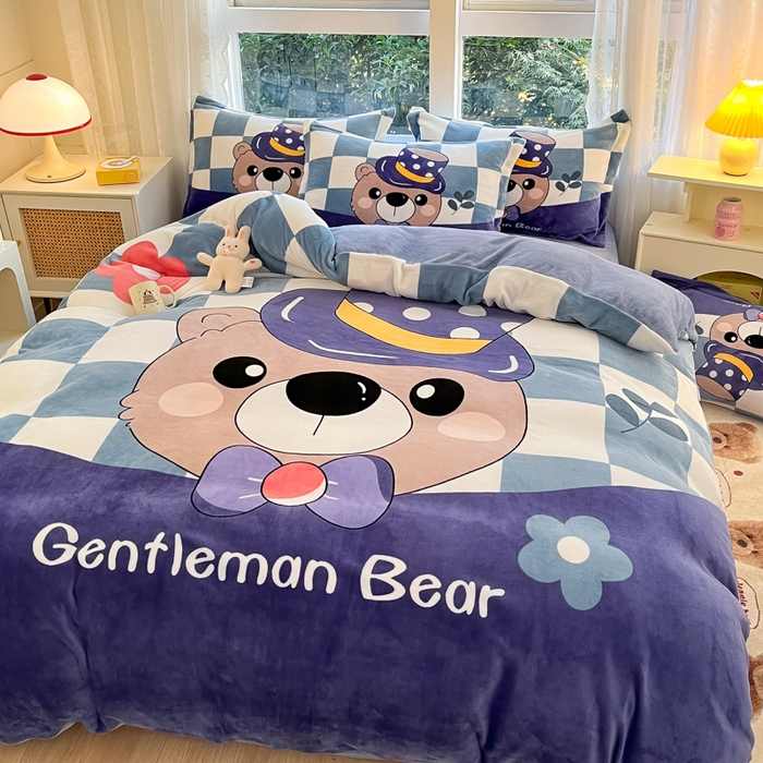 91家纺网 家纺一手货源 找家纺 喜梦缘 2025年新款大版小版卡通牛奶绒四件套 熊先生