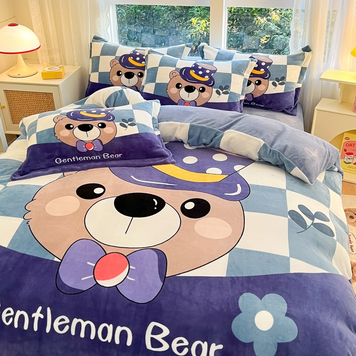 91家纺网 家纺一手货源 找家纺 喜梦缘 2025年新款大版小版卡通牛奶绒四件套 熊先生