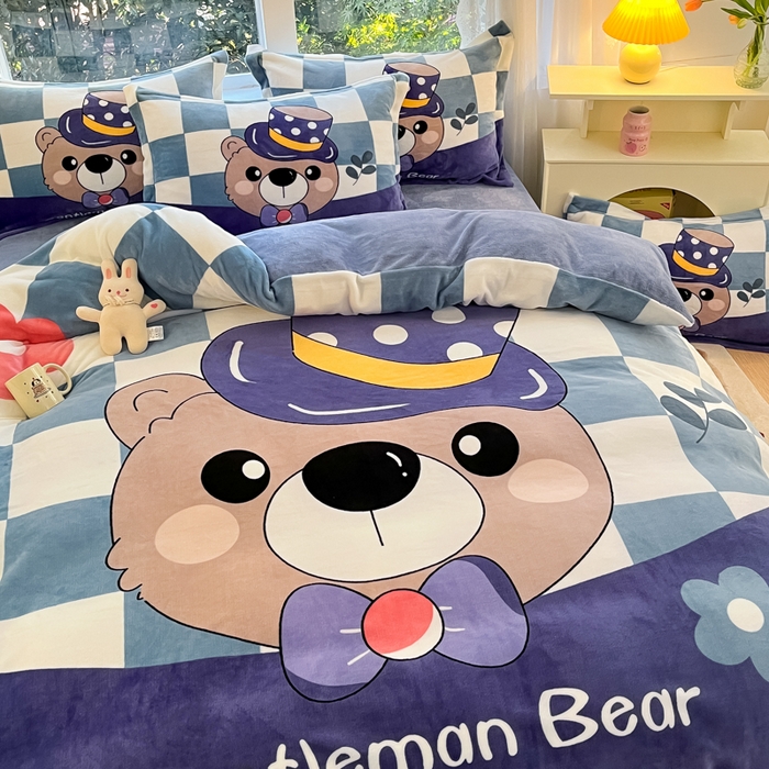 91家纺网 家纺一手货源 找家纺 喜梦缘 2025年新款大版小版卡通牛奶绒四件套 熊先生