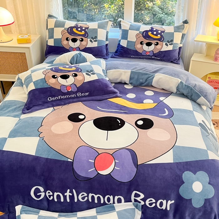 91家纺网 家纺一手货源 找家纺 喜梦缘 2025年新款大版小版卡通牛奶绒四件套 熊先生