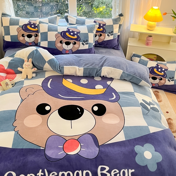 91家纺网 家纺一手货源 找家纺 喜梦缘 2025年新款大版小版卡通牛奶绒四件套 熊先生