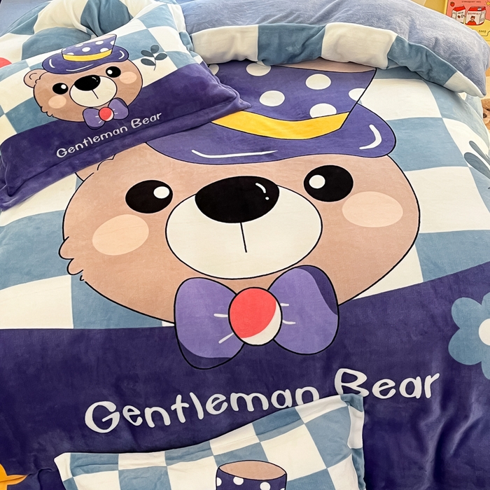 91家纺网 家纺一手货源 找家纺 喜梦缘 2025年新款大版小版卡通牛奶绒四件套 熊先生