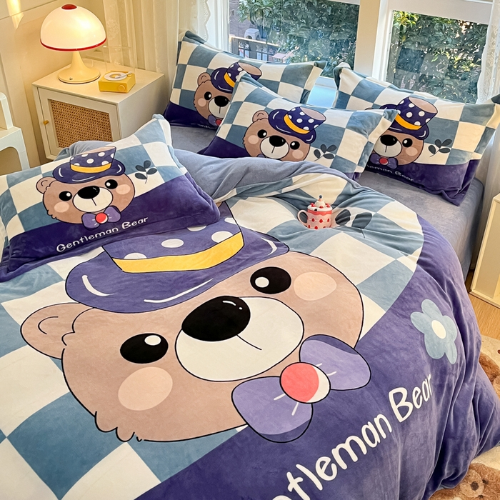 91家纺网 家纺一手货源 找家纺 喜梦缘 2025年新款大版小版卡通牛奶绒四件套 熊先生