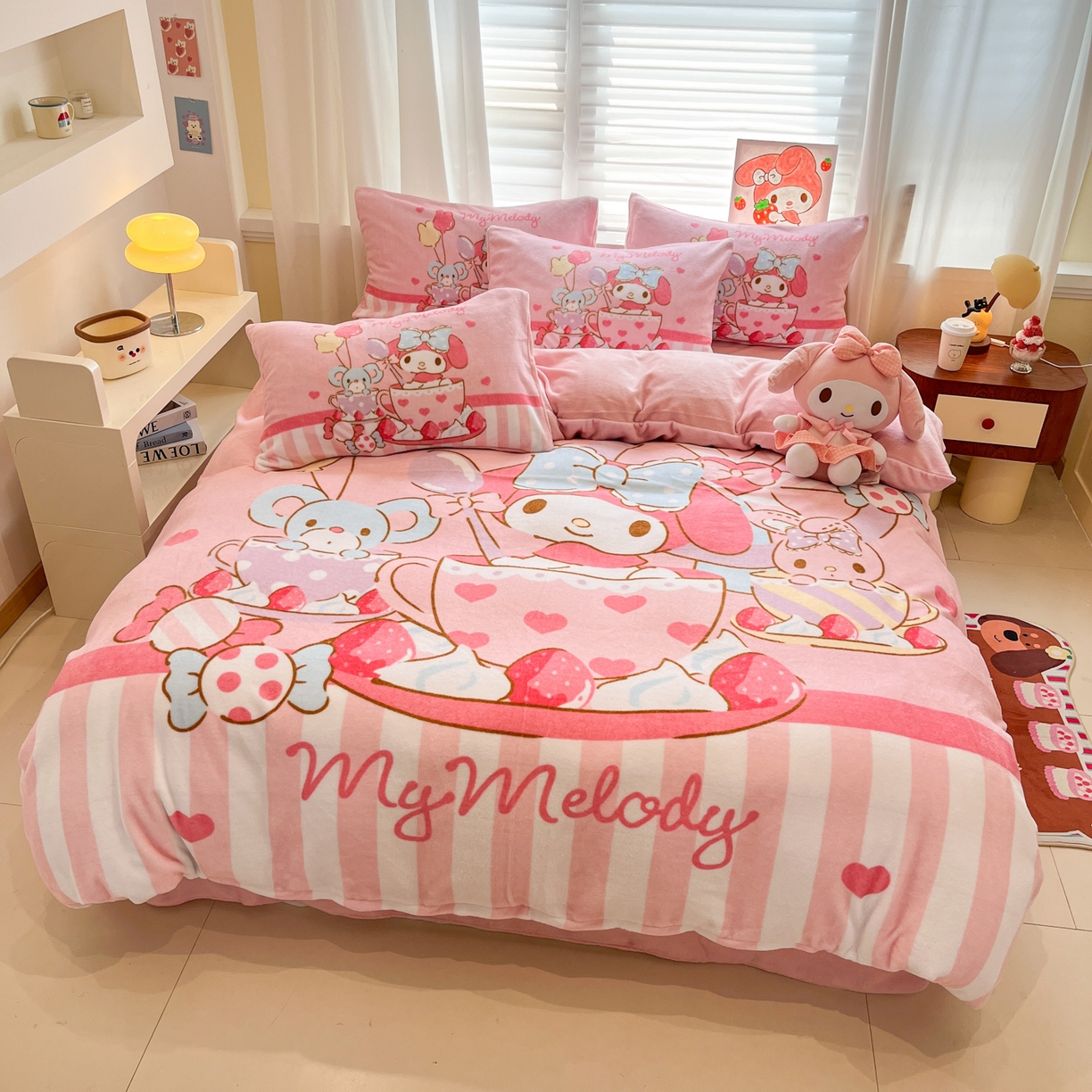 金爱家 2025新品正版三丽鸥授权大版卡通平网数码印花加厚高克重牛奶绒系列四件套 绒大版-开心美乐蒂