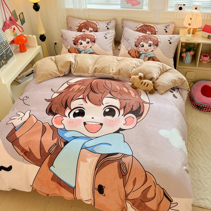 91家纺网 家纺一手货源 找家纺 喜梦缘 2025年新款大版小版卡通牛奶绒四件套 阳光男孩