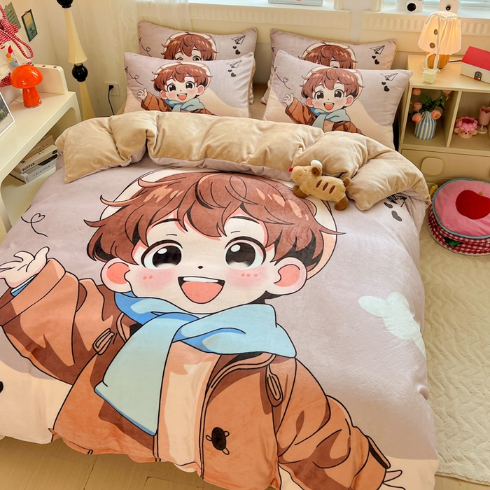 91家纺网 家纺一手货源 找家纺 喜梦缘 2025年新款大版小版卡通牛奶绒四件套 阳光男孩