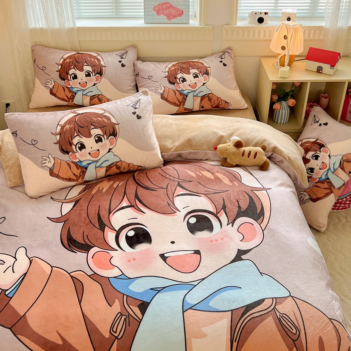 91家纺网 家纺一手货源 找家纺 喜梦缘 2025年新款大版小版卡通牛奶绒四件套 阳光男孩