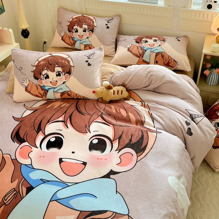 91家纺网 家纺一手货源 找家纺 喜梦缘 2025年新款大版小版卡通牛奶绒四件套 阳光男孩