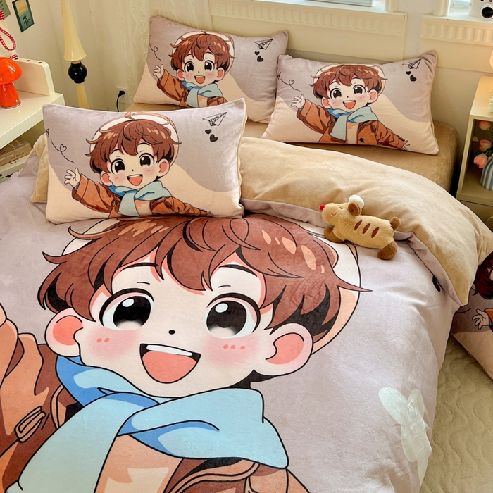 91家纺网 家纺一手货源 找家纺 喜梦缘 2025年新款大版小版卡通牛奶绒四件套 阳光男孩