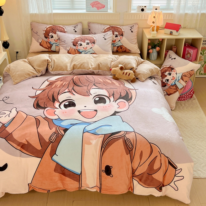 91家纺网 家纺一手货源 找家纺 喜梦缘 2025年新款大版小版卡通牛奶绒四件套 阳光男孩