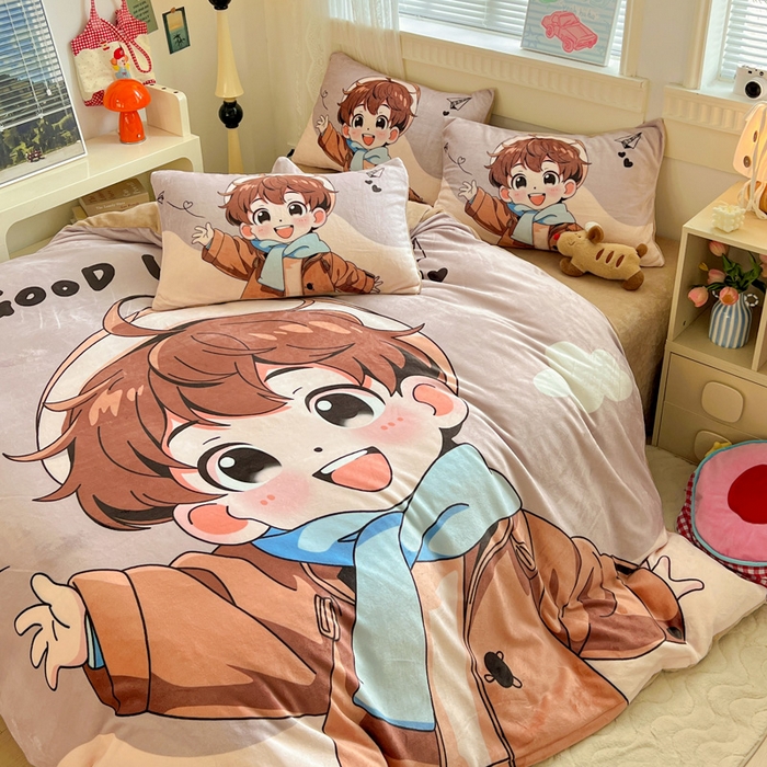 91家纺网 家纺一手货源 找家纺 喜梦缘 2025年新款大版小版卡通牛奶绒四件套 阳光男孩