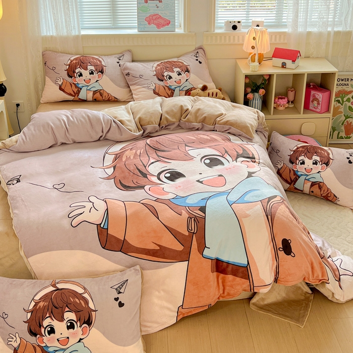 91家纺网 家纺一手货源 找家纺 喜梦缘 2025年新款大版小版卡通牛奶绒四件套 阳光男孩