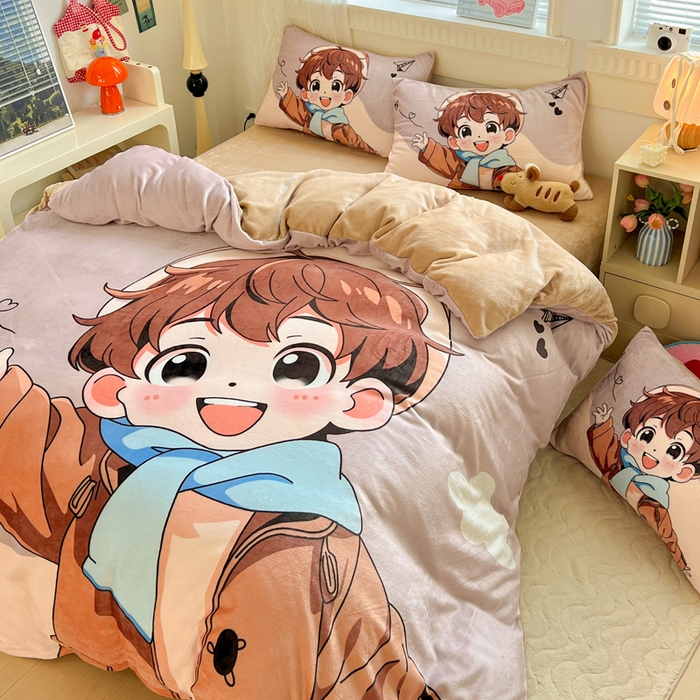 91家纺网 家纺一手货源 找家纺 喜梦缘 2025年新款大版小版卡通牛奶绒四件套 阳光男孩