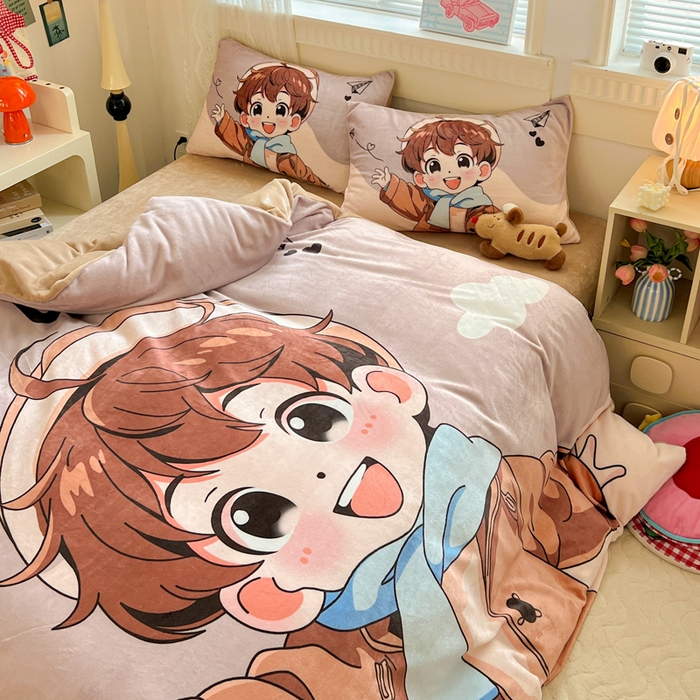 91家纺网 家纺一手货源 找家纺 喜梦缘 2025年新款大版小版卡通牛奶绒四件套 阳光男孩