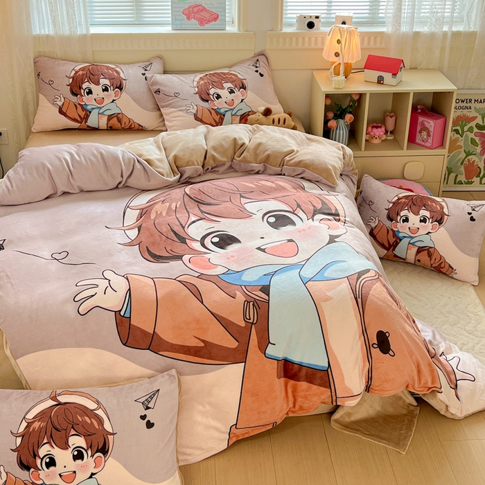 91家纺网 家纺一手货源 找家纺 喜梦缘 2025年新款大版小版卡通牛奶绒四件套 阳光男孩