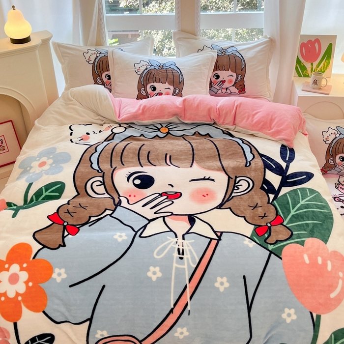 91家纺网 家纺一手货源 找家纺 喜梦缘 2025年新款大版小版卡通牛奶绒四件套 元气满满