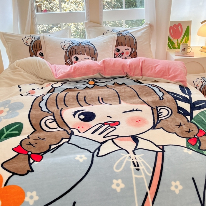 91家纺网 家纺一手货源 找家纺 喜梦缘 2025年新款大版小版卡通牛奶绒四件套 元气满满