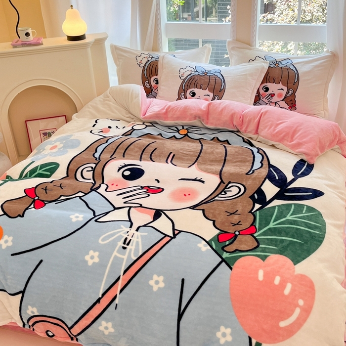 91家纺网 家纺一手货源 找家纺 喜梦缘 2025年新款大版小版卡通牛奶绒四件套 元气满满