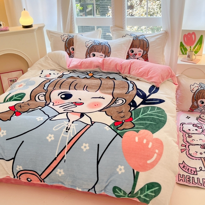 91家纺网 家纺一手货源 找家纺 喜梦缘 2025年新款大版小版卡通牛奶绒四件套 元气满满