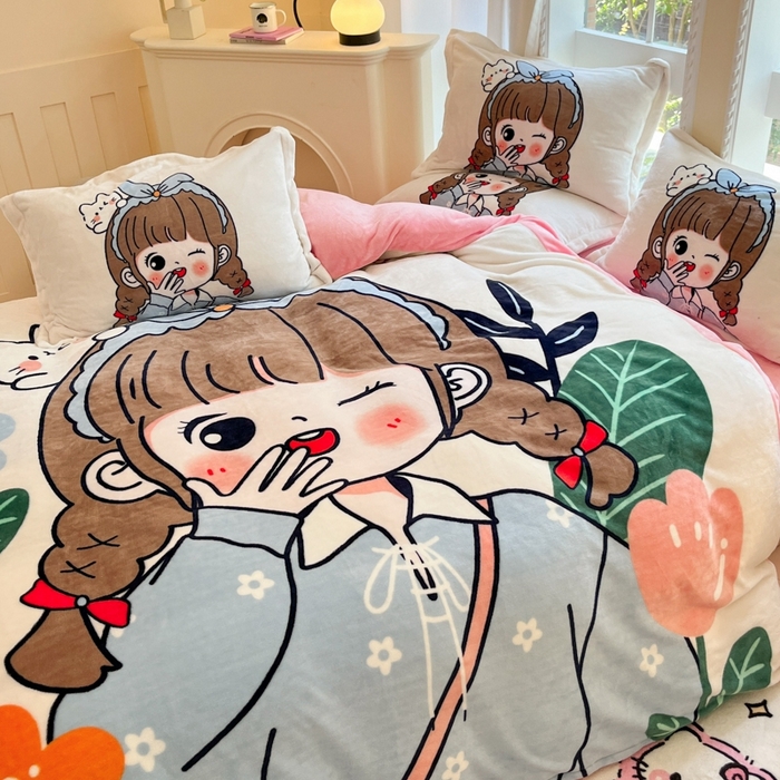 91家纺网 家纺一手货源 找家纺 喜梦缘 2025年新款大版小版卡通牛奶绒四件套 元气满满