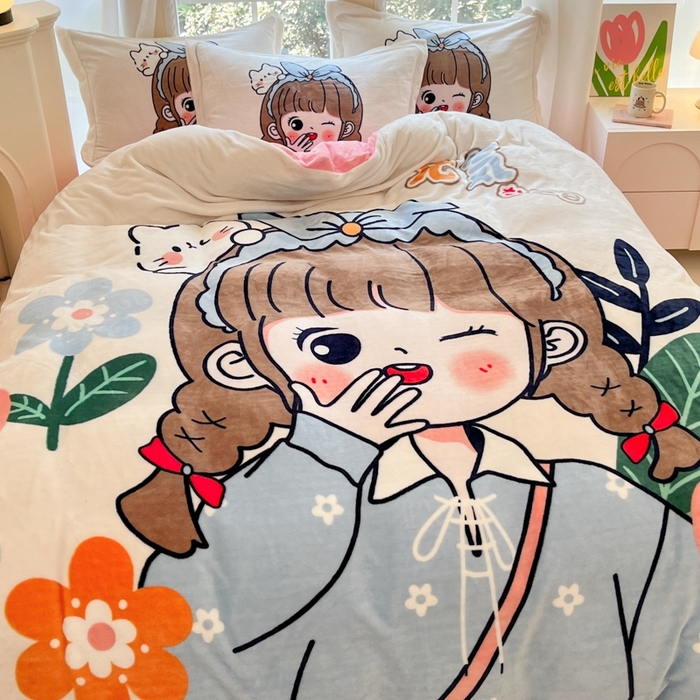 91家纺网 家纺一手货源 找家纺 喜梦缘 2025年新款大版小版卡通牛奶绒四件套 元气满满