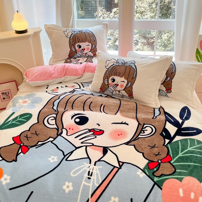 91家纺网 家纺一手货源 找家纺 喜梦缘 2025年新款大版小版卡通牛奶绒四件套 元气满满