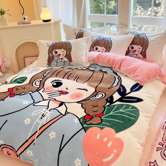 91家纺网 家纺一手货源 找家纺 喜梦缘 2025年新款大版小版卡通牛奶绒四件套 元气满满