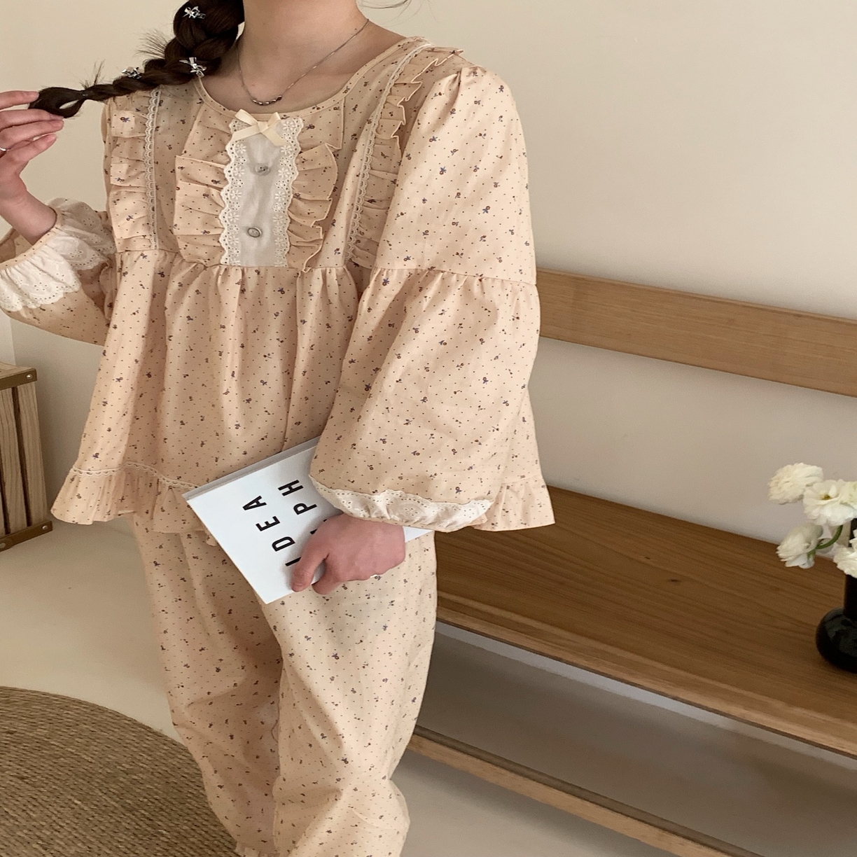 （總）妍景家居生活館 2025新款韓系25008-甜美蕾絲方領碎花套裝