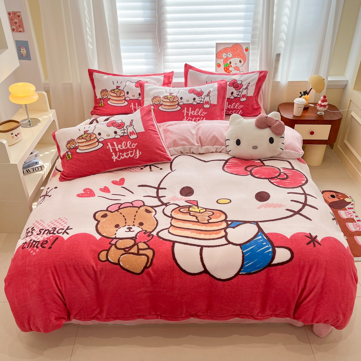 金爱家 2025新品正版三丽鸥授权大版卡通平网数码印花加厚高克重牛奶绒系列四件套 绒大版-蛋糕kt