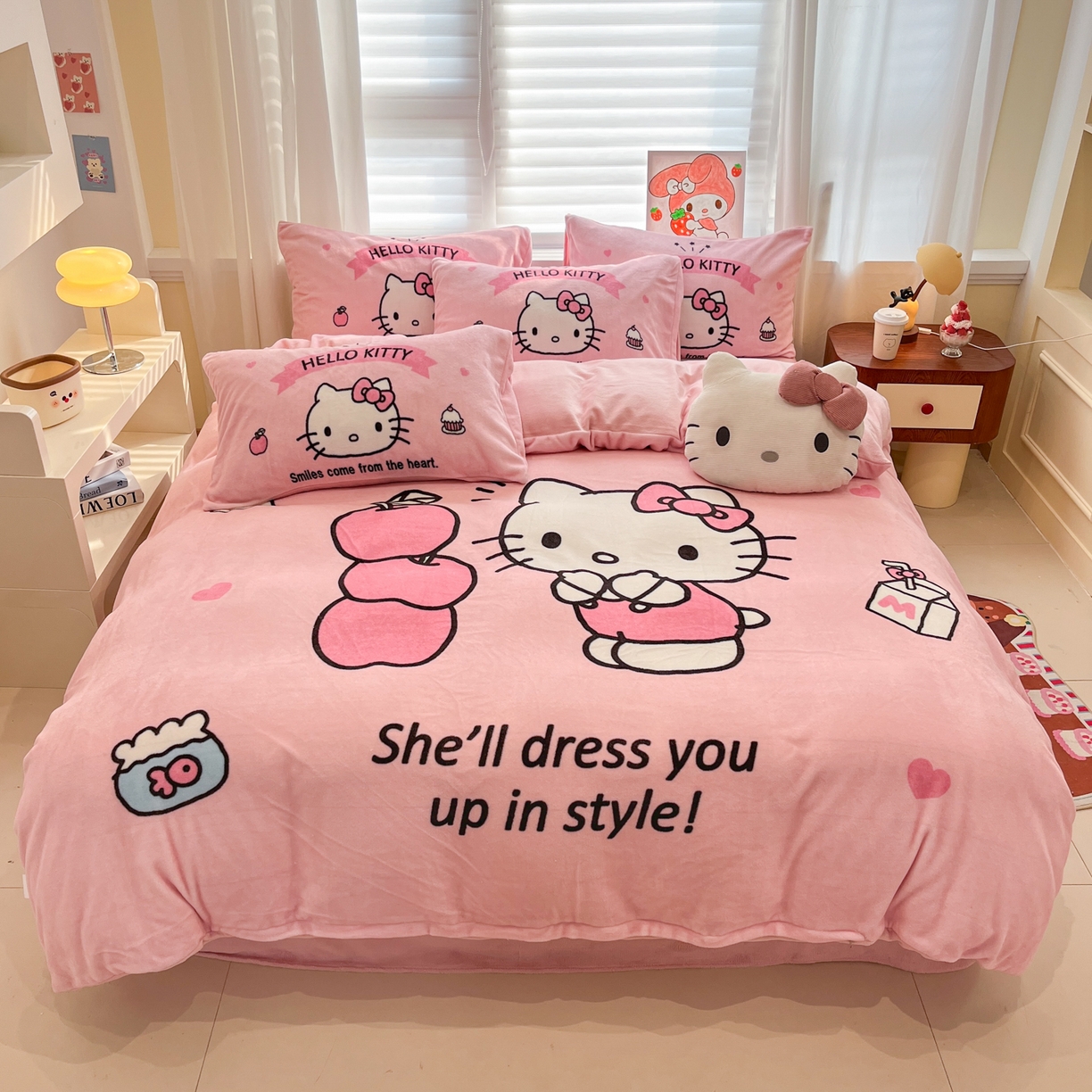 金爱家 2025新品正版三丽鸥授权大版卡通平网数码印花加厚高克重牛奶绒系列四件套 绒大版-可爱kt猫