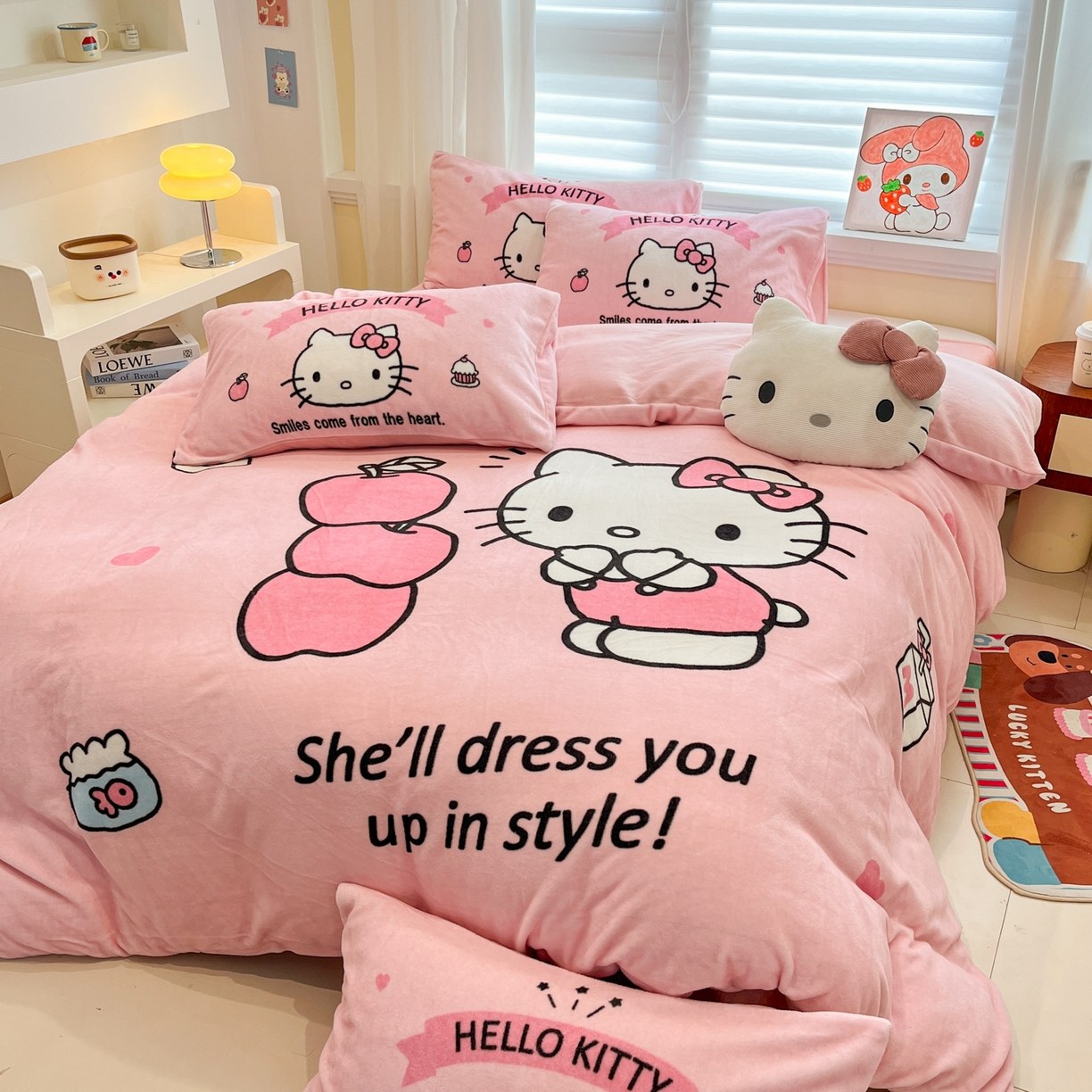 91家纺网 家纺一手货源 找家纺 金爱家 2025新品正版三丽鸥授权大版卡通平网数码印花加厚高克重牛奶绒系列四件套 绒大版-可爱kt猫