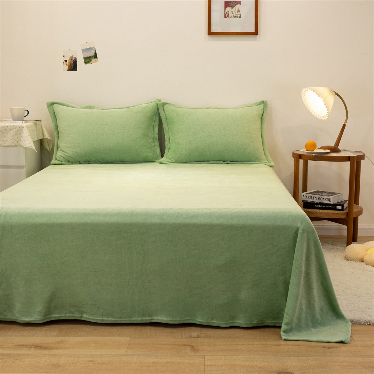 91家纺网 家纺一手货源 找家纺 兰紫橙家纺 2025新款双面绒纯色双拼牛奶绒四件套 浅绿