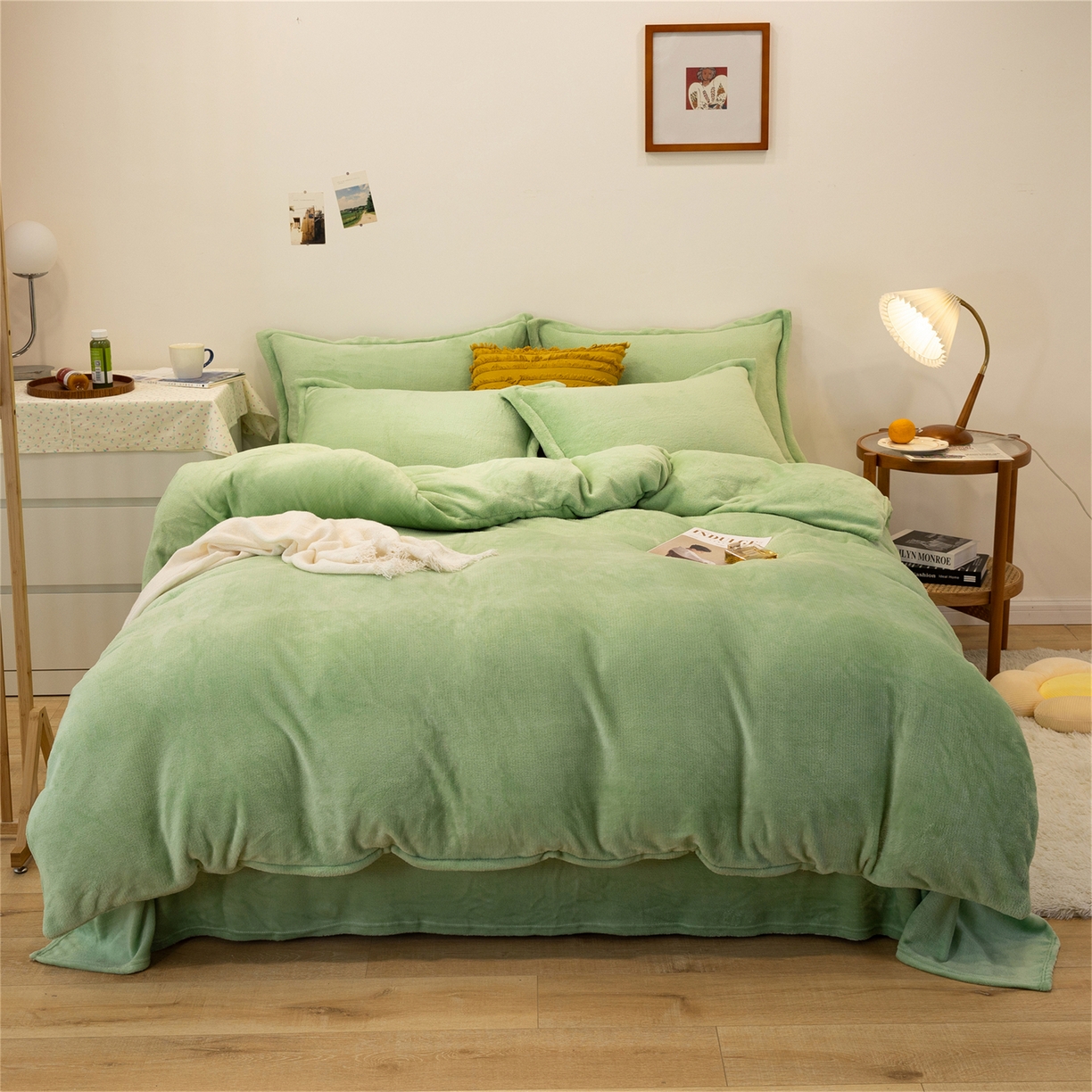 91家纺网 家纺一手货源 找家纺 兰紫橙家纺 2025新款双面绒纯色双拼牛奶绒四件套 浅绿