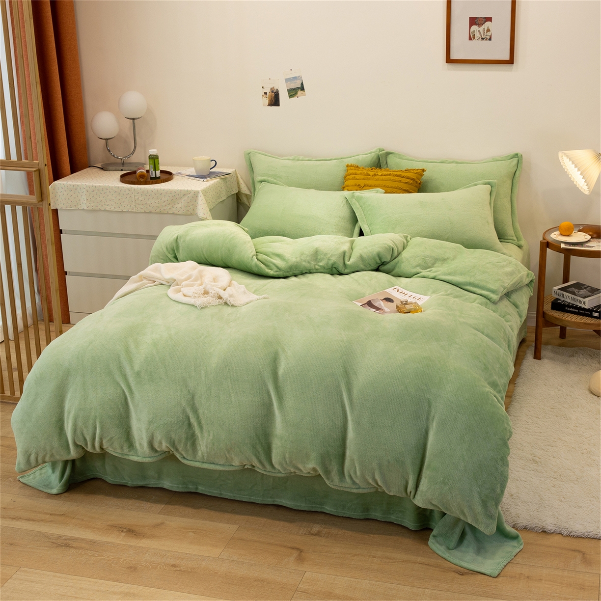 91家纺网 家纺一手货源 找家纺 兰紫橙家纺 2025新款双面绒纯色双拼牛奶绒四件套 浅绿