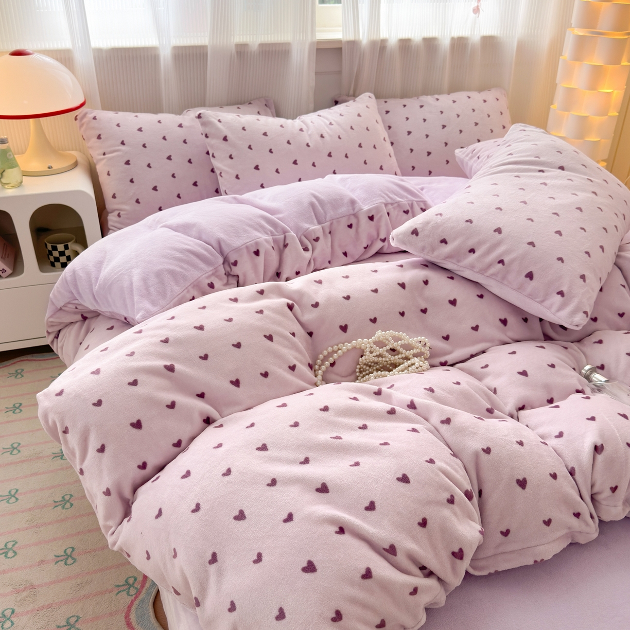 91家纺网 家纺一手货源 找家纺 德比尔斯 2025新款暗合印花牛奶绒四件套 爱心-紫