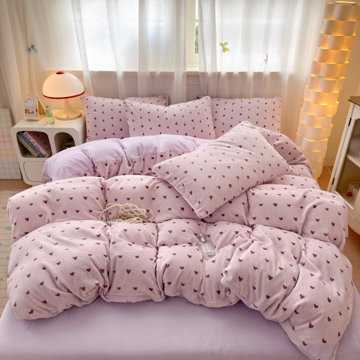 91家纺网 家纺一手货源 找家纺 德比尔斯 2025新款暗合印花牛奶绒四件套 爱心-紫