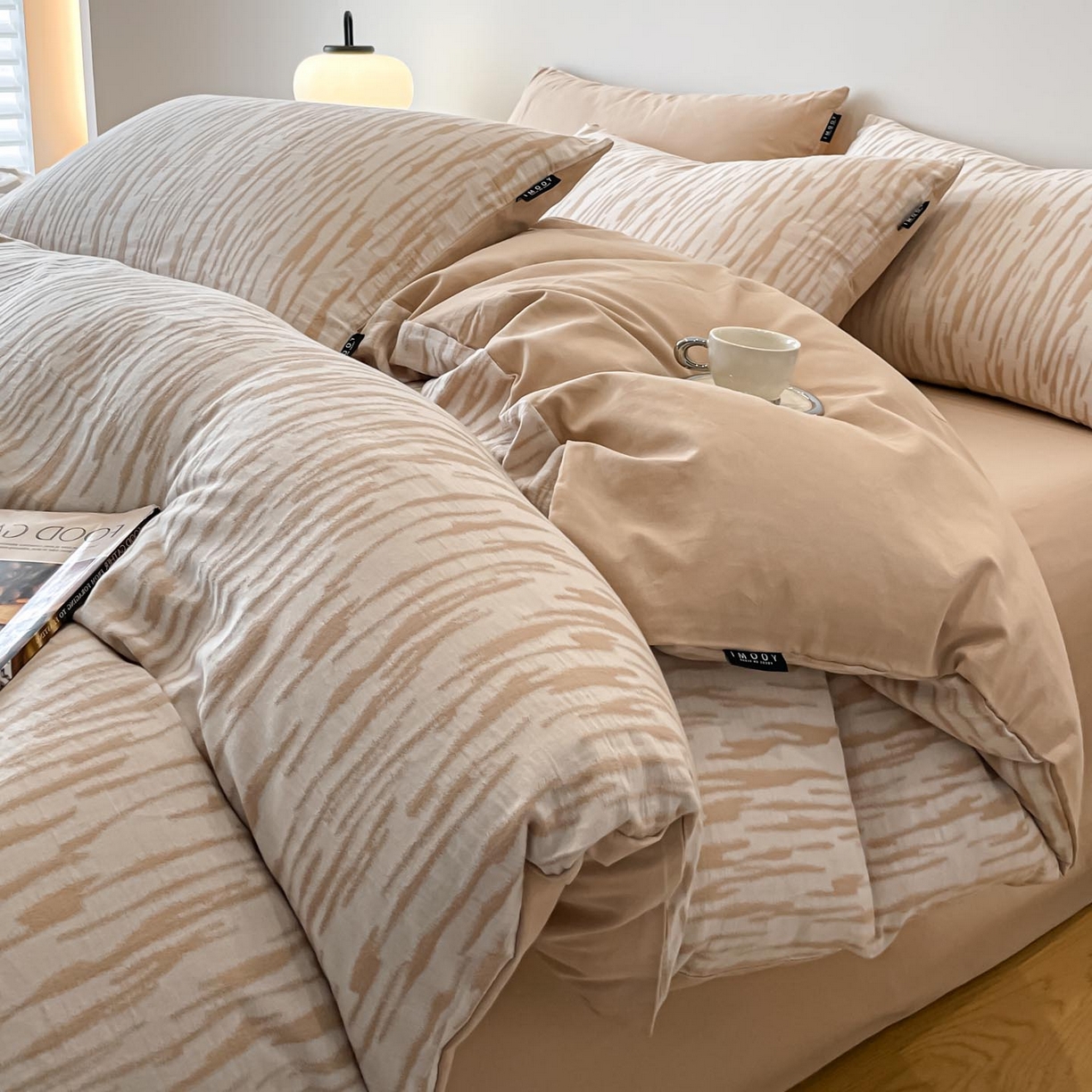 91家纺网 家纺一手货源 找家纺 涵宸家纺 2025新款全棉磨毛色织提花四件套 碧舟-茶色