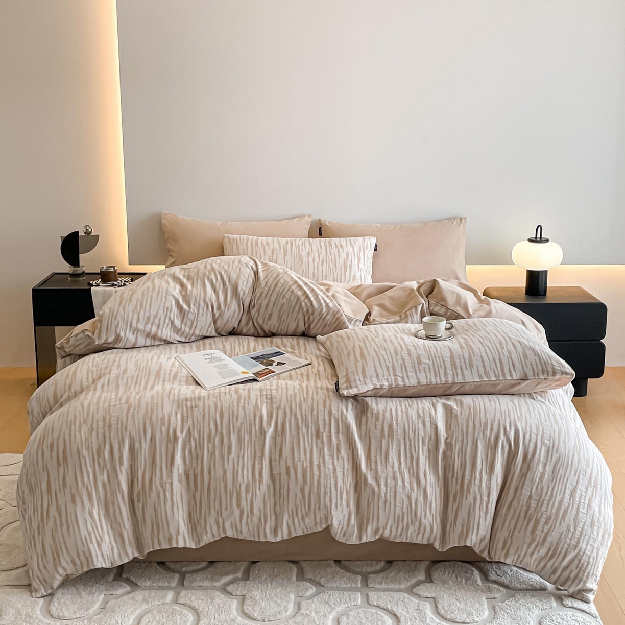 91家纺网 家纺一手货源 找家纺 涵宸家纺 2025新款全棉磨毛色织提花四件套 碧舟-茶色