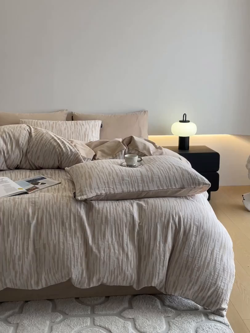 91家纺网 家纺一手货源 找家纺 涵宸家纺 2025新款全棉磨毛色织提花四件套 碧舟-茶色