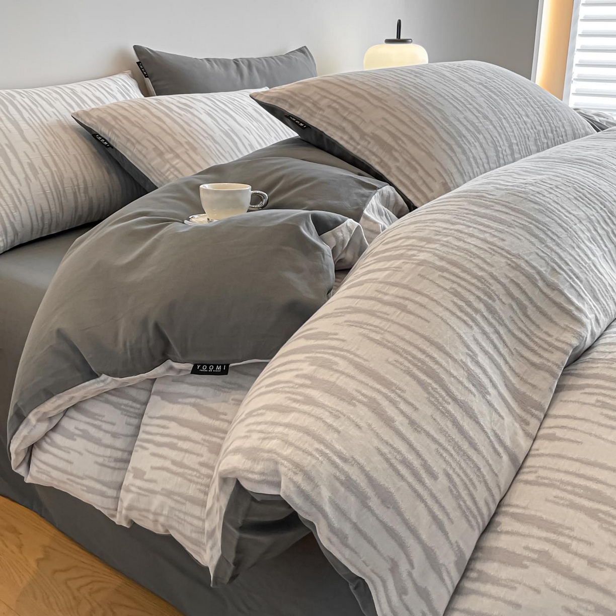 涵宸家纺 2025新款全棉磨毛色织提花四件套 碧舟-灰