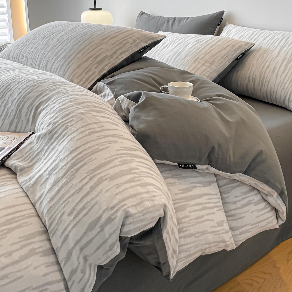 91家纺网 家纺一手货源 找家纺 涵宸家纺 2025新款全棉磨毛色织提花四件套 碧舟-灰