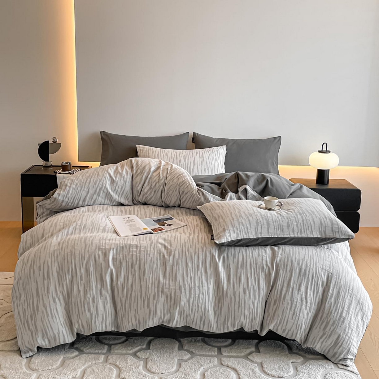 91家纺网 家纺一手货源 找家纺 涵宸家纺 2025新款全棉磨毛色织提花四件套 碧舟-灰