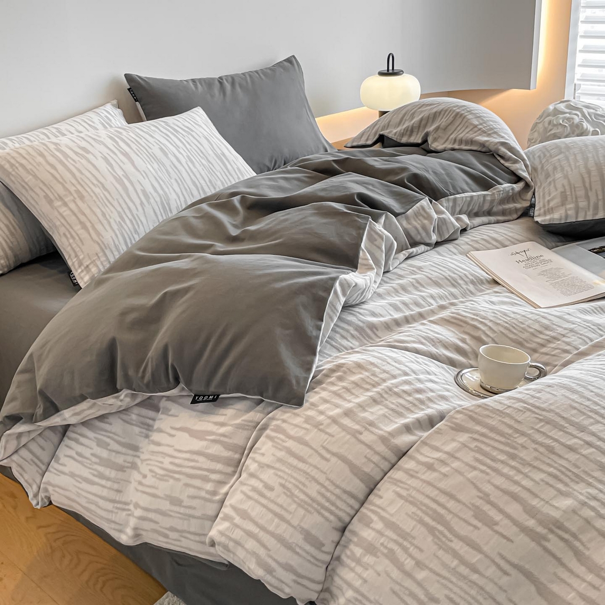 91家纺网 家纺一手货源 找家纺 涵宸家纺 2025新款全棉磨毛色织提花四件套 碧舟-灰