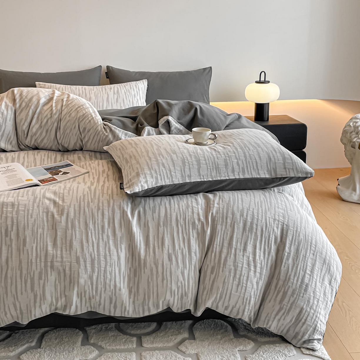 91家纺网 家纺一手货源 找家纺 涵宸家纺 2025新款全棉磨毛色织提花四件套 碧舟-灰