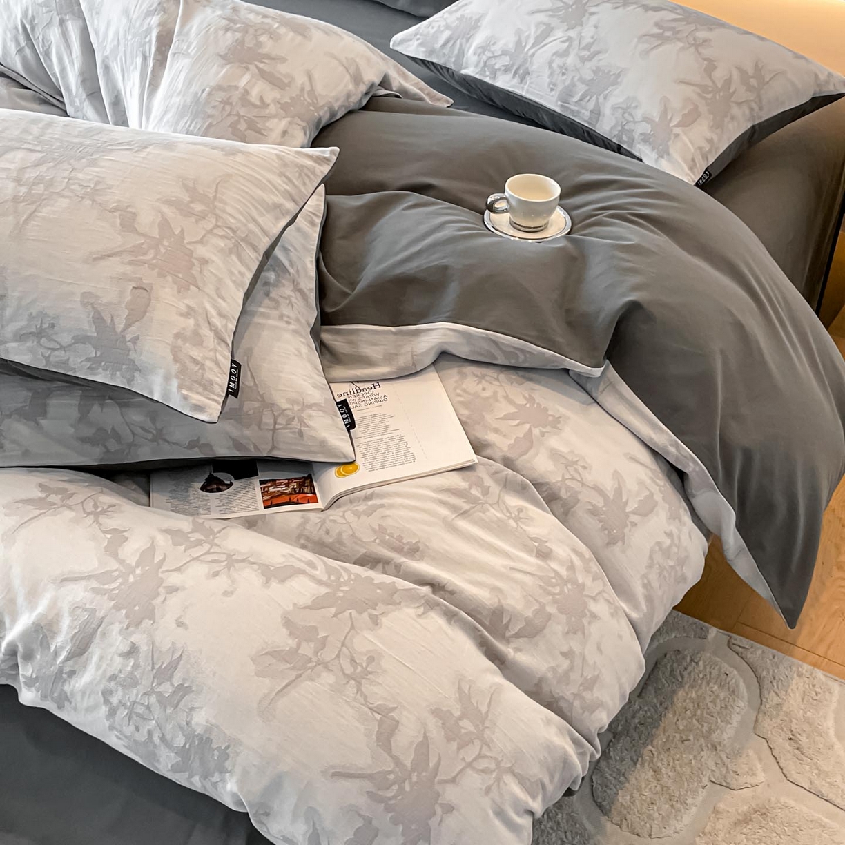 91家纺网 家纺一手货源 找家纺 涵宸家纺 2025新款全棉磨毛色织提花四件套 叠韵