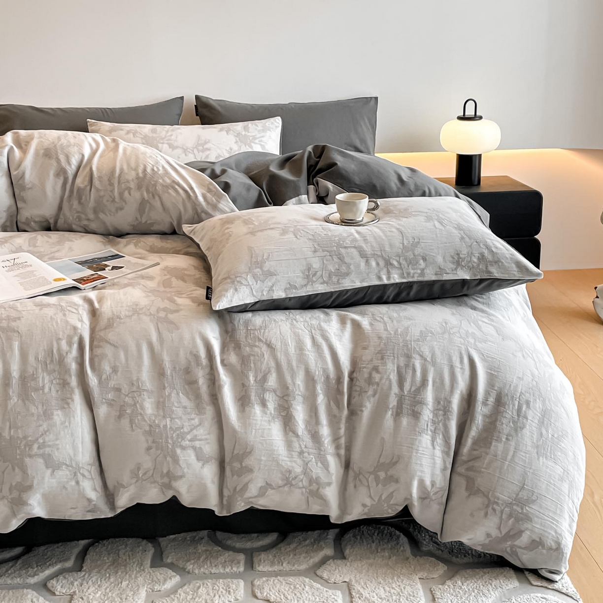 91家纺网 家纺一手货源 找家纺 涵宸家纺 2025新款全棉磨毛色织提花四件套 叠韵