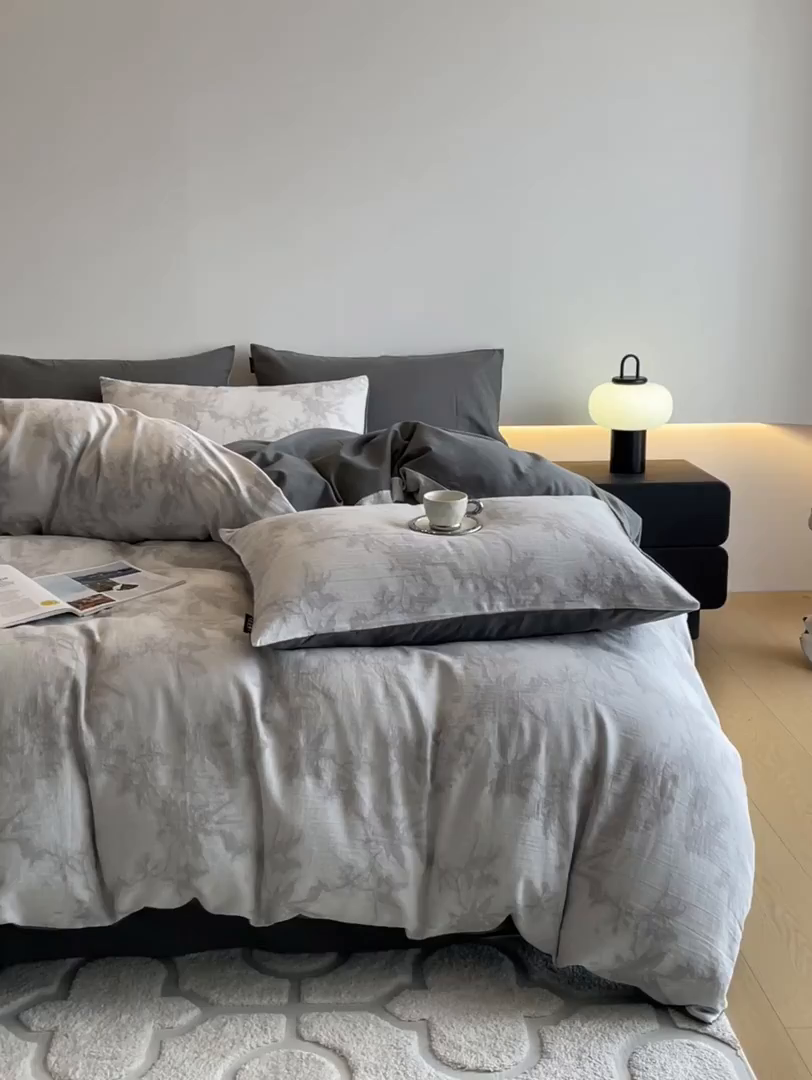 91家纺网 家纺一手货源 找家纺 涵宸家纺 2025新款全棉磨毛色织提花四件套 叠韵