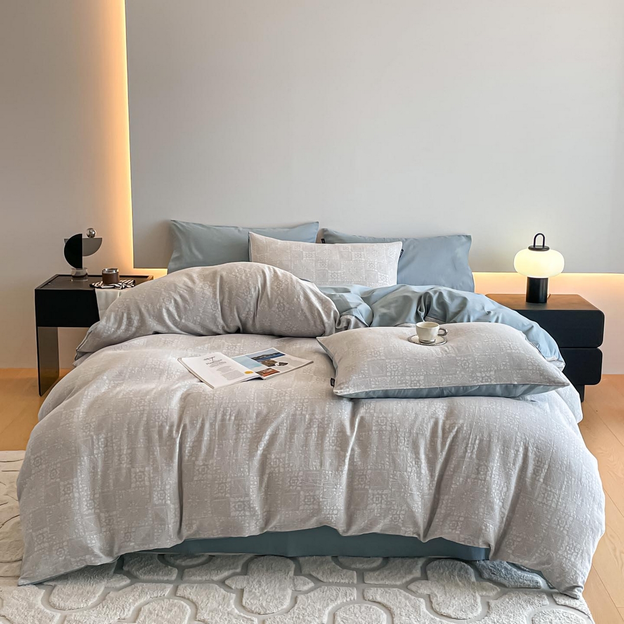 91家纺网 家纺一手货源 找家纺 涵宸家纺 2025新款全棉磨毛色织提花四件套 揽星河