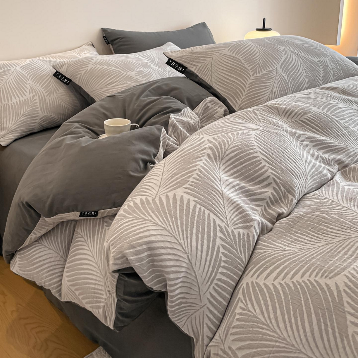 涵宸家纺 2025新款全棉磨毛色织提花四件套 峦影叠-灰