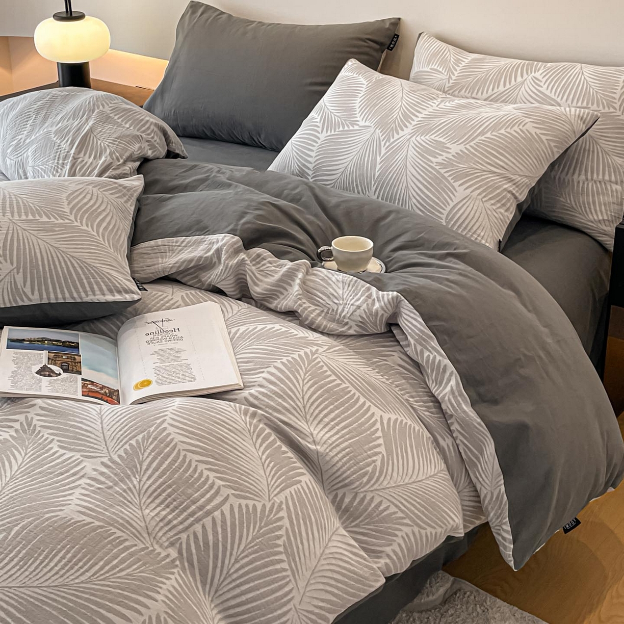 91家纺网 家纺一手货源 找家纺 涵宸家纺 2025新款全棉磨毛色织提花四件套 峦影叠-灰